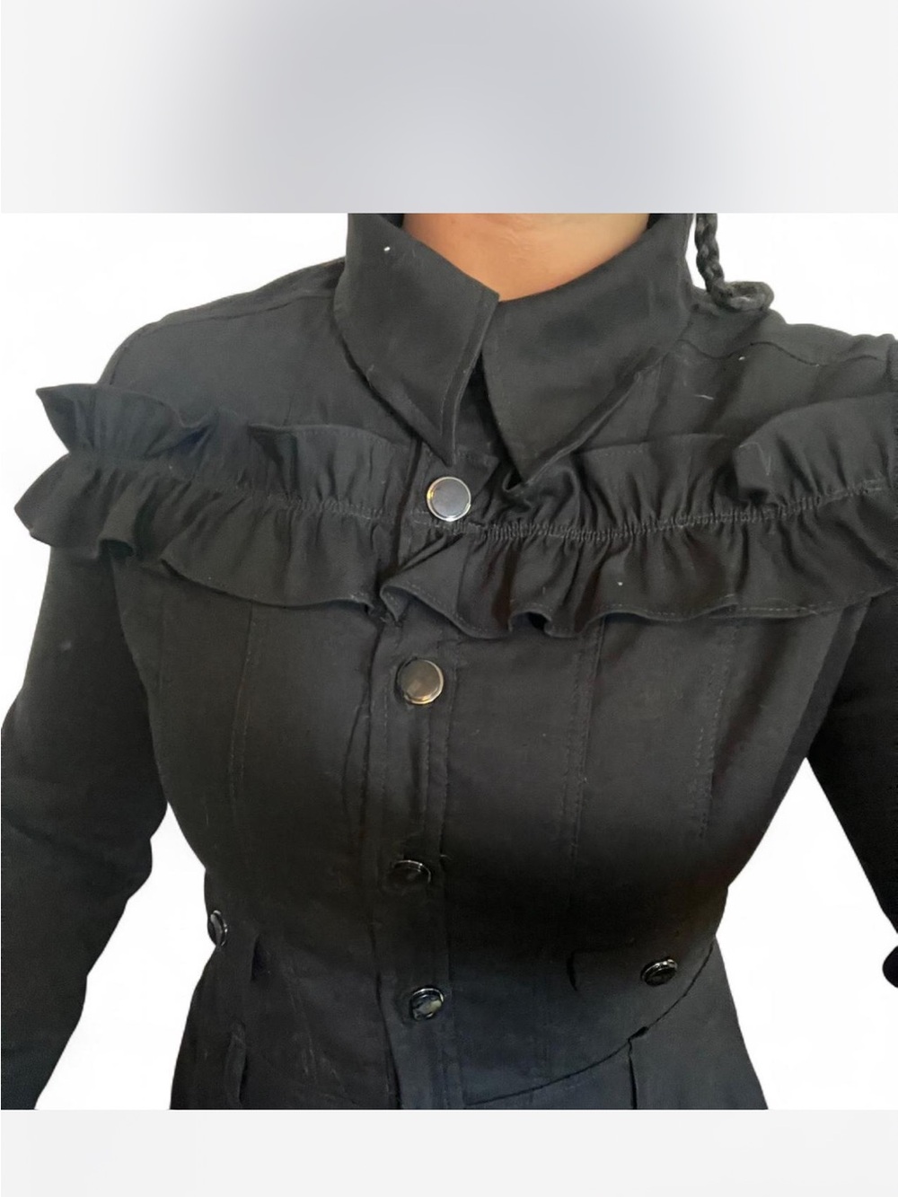 Black Ruffle Button-Front Peacoat - Picture 3 of 8